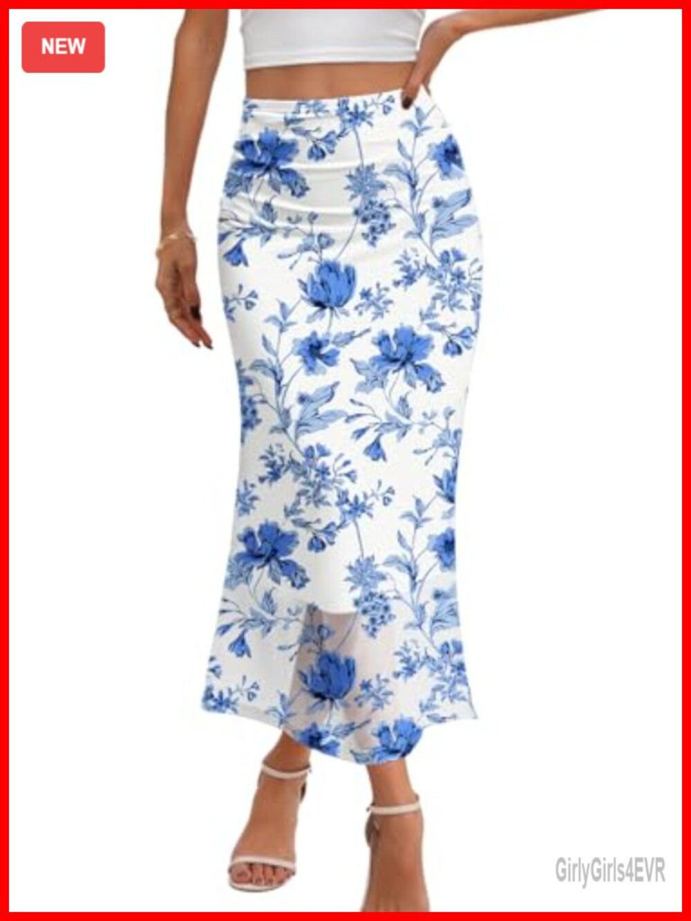 Women's Floral Mesh Midi Skirt High Waist Bodycon Ruched Ruffle Summer Party